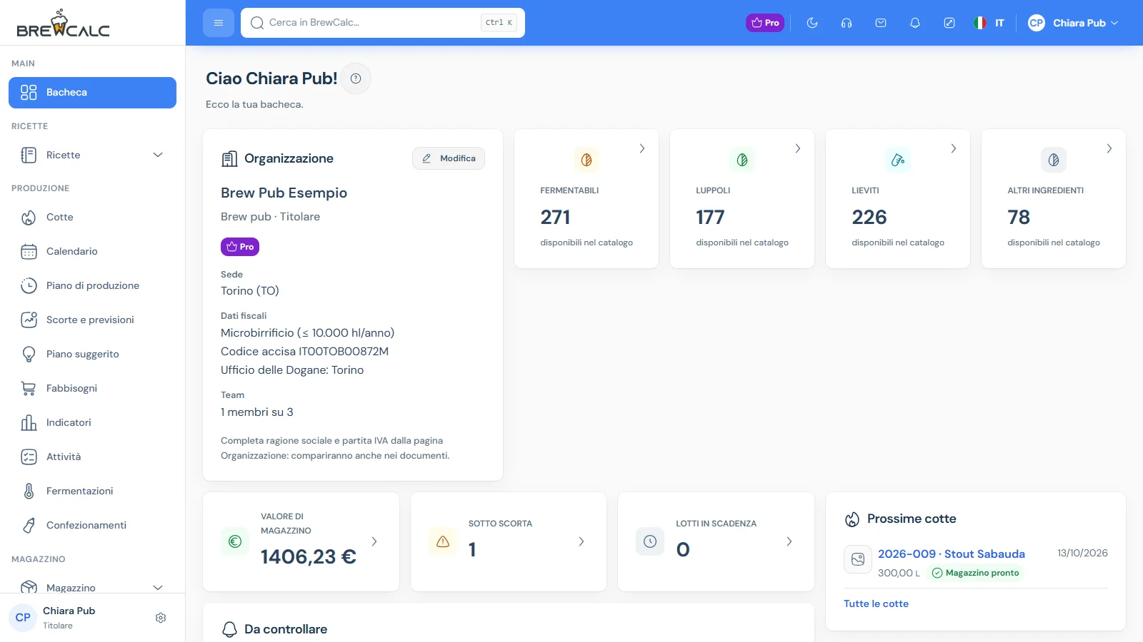 Bacheca di BrewCalc con organizzazione, ingredienti disponibili, magazzino e prossime cotte
