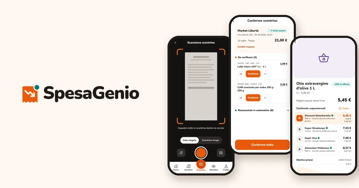 App SpesaGenio: scansione dello scontrino, conferma delle righe e confronto dei prezzi