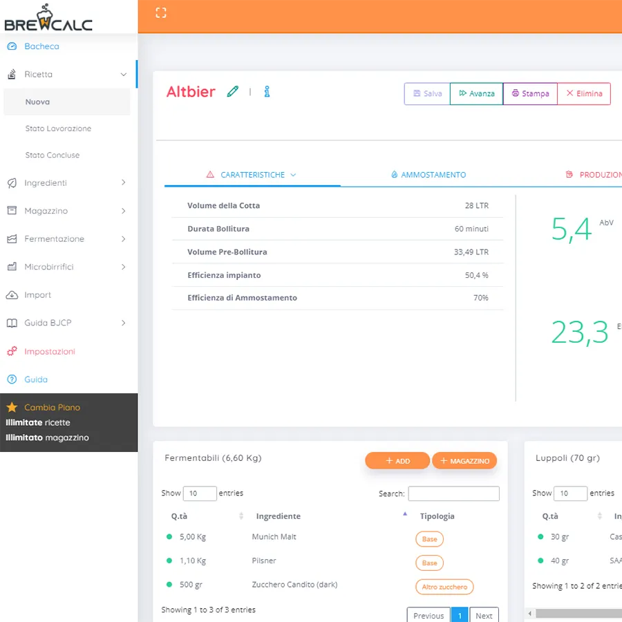 Applicazione Brewcalc - Gestione ricette birra artigianale