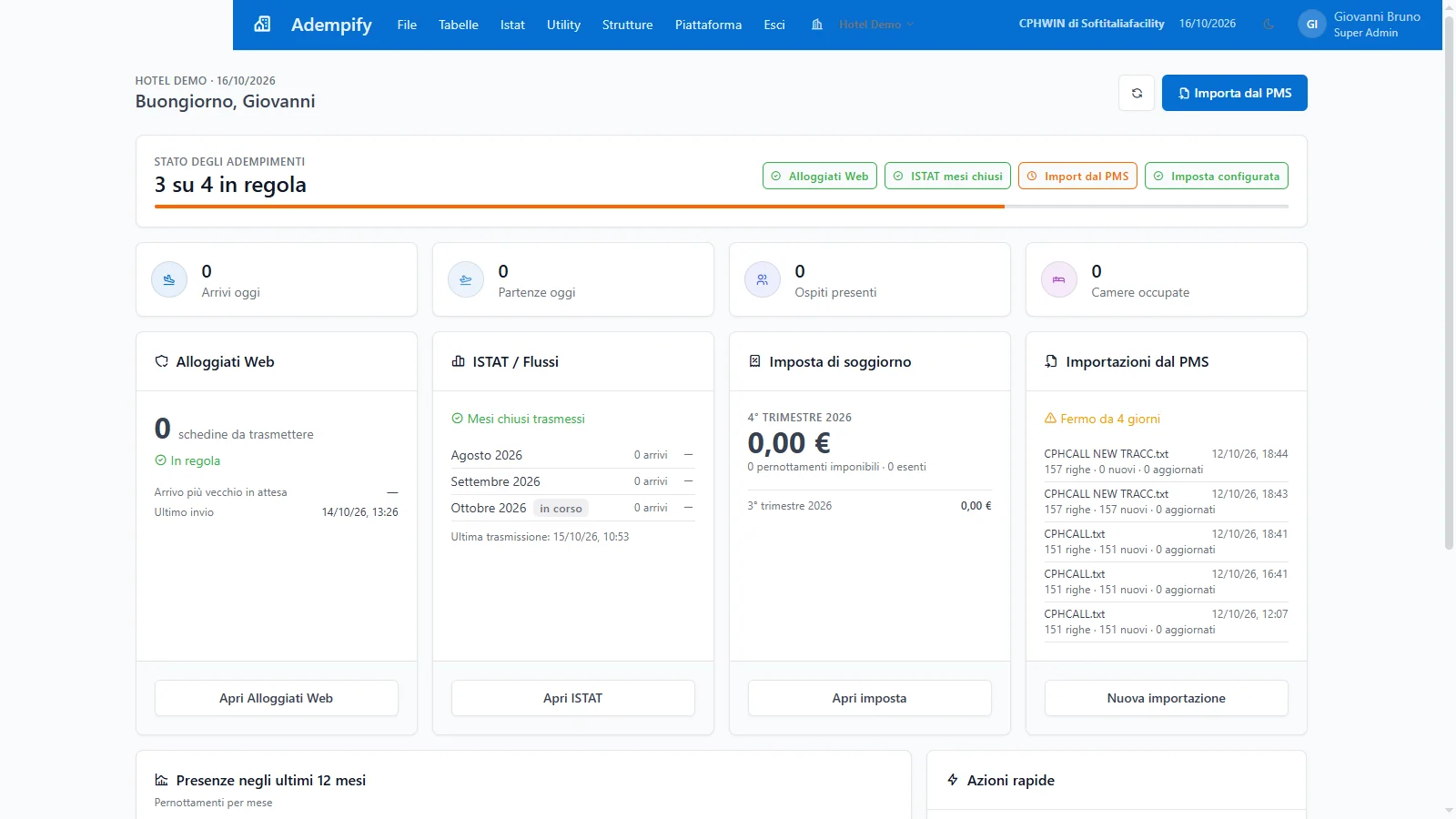 Cruscotto di Adempify con stato degli adempimenti, Alloggiati Web, ISTAT, imposta di soggiorno e importazioni dal PMS